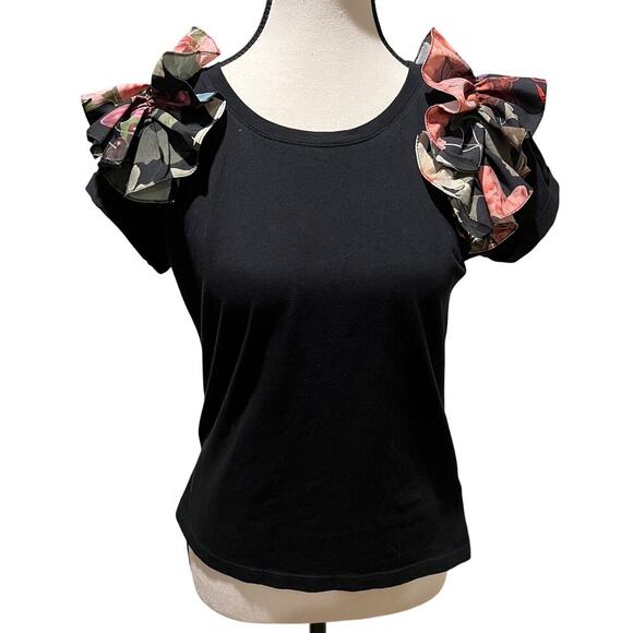 Eugenia Fernandez Floral Ruffle Shoulder Black Statement T-Shirt  Size S - Picture 1 of 10